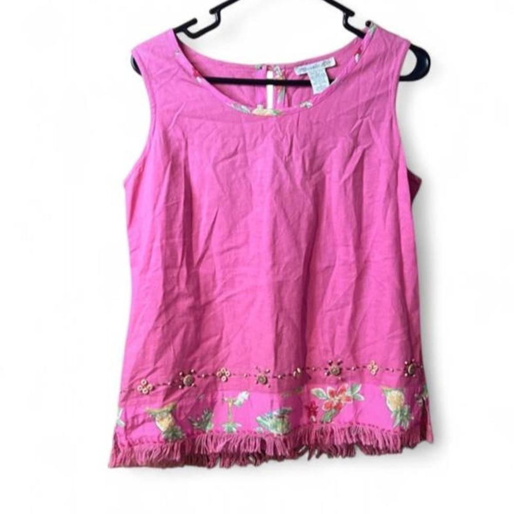 VTG Y2K Mureli Embroidered Linen Blend Tank Top M Pink Beaded Fringe Whimsigoth
